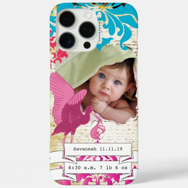 Funda iPhone 16 Pro Max Baby Photo Baby Stats Damask Burnt Edge iPhone (Reverso )