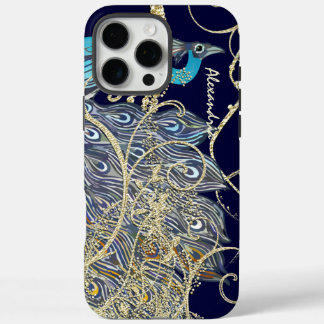 Funda iPhone 16 Pro Max Banca de pavo real negra de la marina de oro