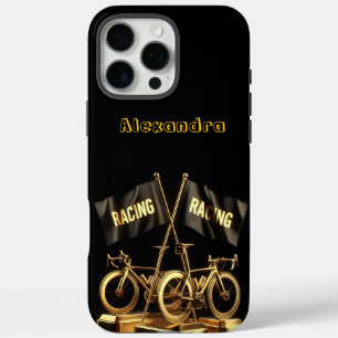 Funda iPhone 16 Pro Max Banderas de bicicleta doradas en una exhibición au