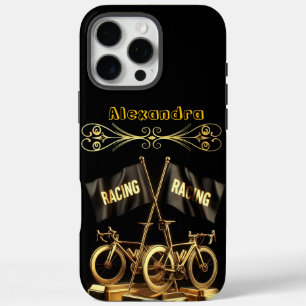 Funda iPhone 16 Pro Max Banderas de bicicleta doradas en una pantalla atre