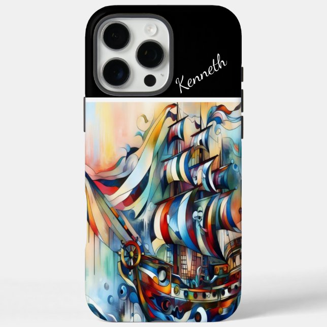 Funda iPhone 16 Pro Max Barco pirata en el mar de Stormy (Reverso)
