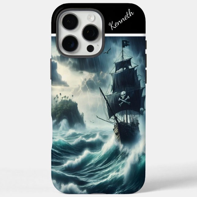 Funda iPhone 16 Pro Max Barco Pirata En Tormenta (Reverso)