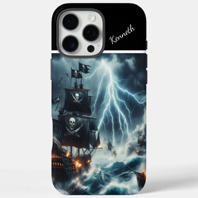Funda iPhone 16 Pro Max Barco pirata en tormenta de lluvia (Reverso)
