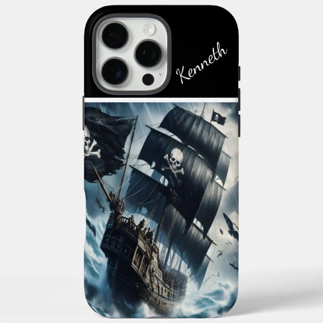 Funda iPhone 16 Pro Max Barco pirata en una tempestad (Reverso)