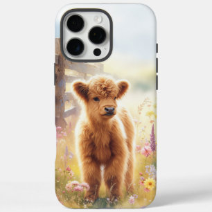 Funda iPhone 16 Pro Max Bebé Adorable Vaca Highland En Campo De Flores