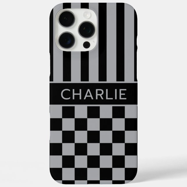 Funda iPhone 16 Pro Max Black and Gray Checkered Striped Personalized (Reverso )