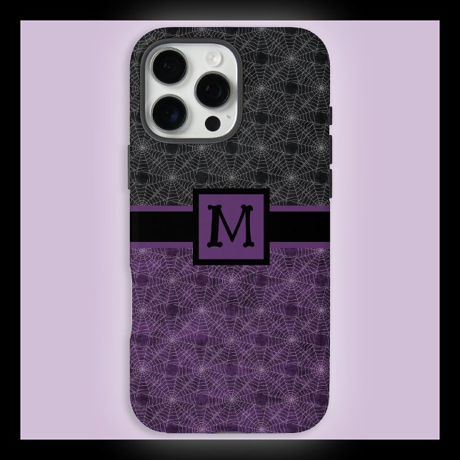 Funda iPhone 16 Pro Max Black and Purple Gothic Spiderweb with Monogram (Subido por el creador)