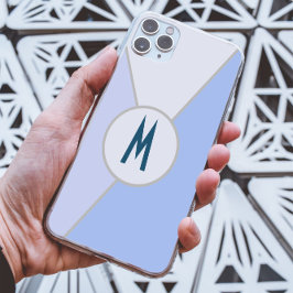 Funda iPhone 16 Pro Max Blanco y Azul Moderno Geométrico con Monograma Blo