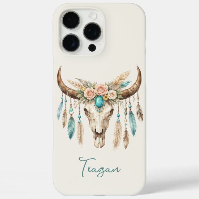 Funda iPhone 16 Pro Max Boho Chic Acuarela Floral Cráneo de Vaca (Reverso )