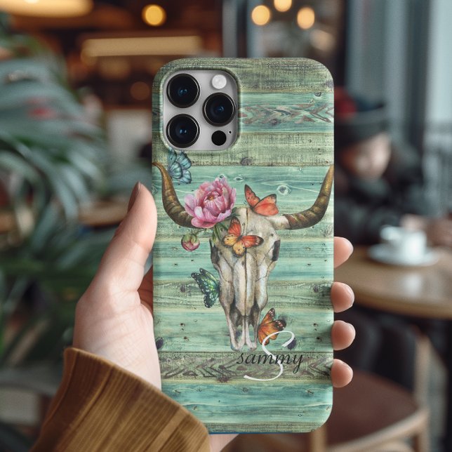 Funda iPhone 16 Pro Max Boho Longhorn Skull Floral Monogram (Subido por el creador)
