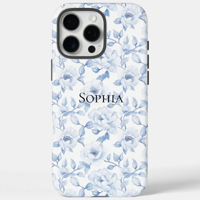 Funda iPhone 16 Pro Max Bonito de moda Flores blancas azules (Reverso)