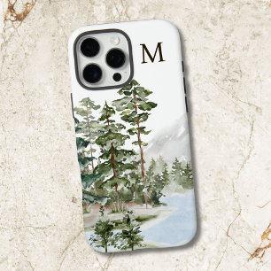 Funda iPhone 16 Pro Max Bosque de Pinos Verdes y Lago con Monograma
