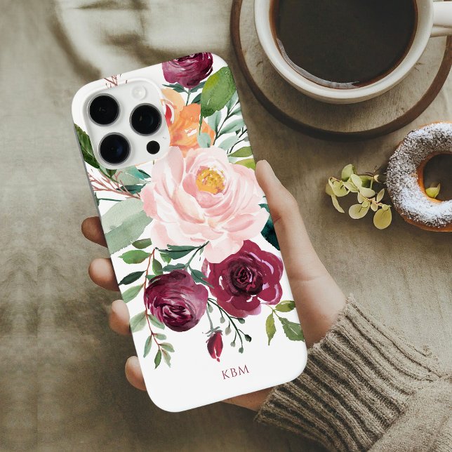 Funda iPhone 16 Pro Max Botánico Acuarela Rústico con Monograma (Subido por el creador)