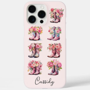Funda iPhone 16 Pro Max Botas de vaquera rosas con flores monogramadas