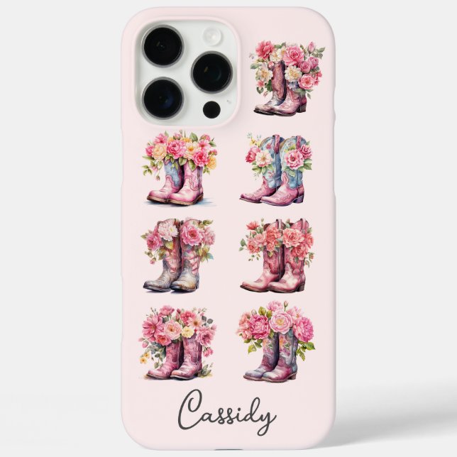 Funda iPhone 16 Pro Max Botas de vaquera rosas con flores monogramadas (Reverso )