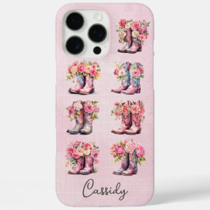 Funda iPhone 16 Pro Max Botas de vaquera rosas con flores monogramadas