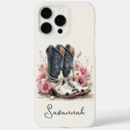 Funda iPhone 16 Pro Max Botas elegantes de cuero de vaca con flores monogr
