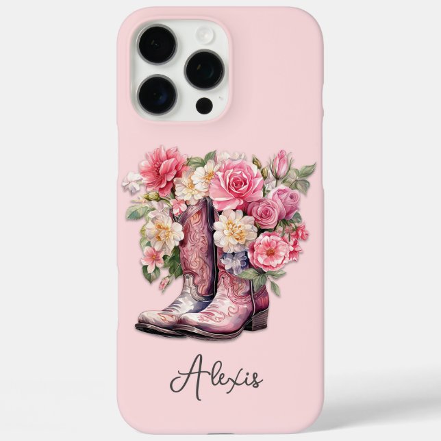 Funda iPhone 16 Pro Max Botas rosadas con flores monogramadas (Reverso )