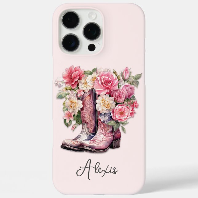 Funda iPhone 16 Pro Max Botas rosadas con flores monogramadas (Reverso )