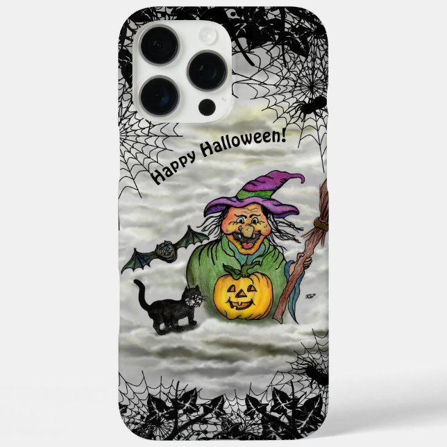 Funda iPhone 16 Pro Max Bruja , Gato , Murciélago y Calabaza , Feliz Hallo (Reverso )
