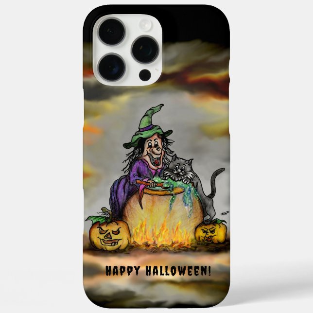 Funda iPhone 16 Pro Max Bruja y gato negro, ¡Feliz Halloween! (Reverso )