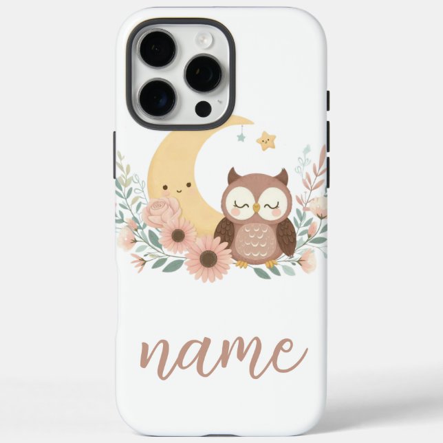 Funda iPhone 16 Pro Max Búho bebé lindo con luna (Reverso)