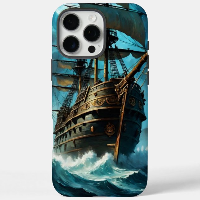 Funda iPhone 16 Pro Max Buque pirata de Galleon con luz de luna (Reverso)