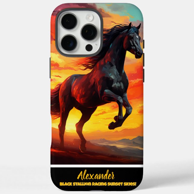 Funda iPhone 16 Pro Max "Caballo negro corriendo al atardecer (Reverso)
