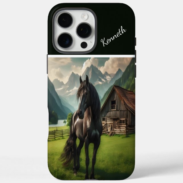 Funda iPhone 16 Pro Max Caballo negro en Mountain Meadow (Reverso)