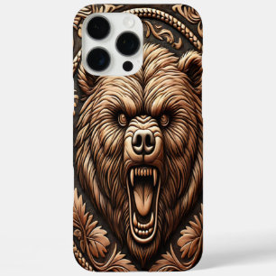 Funda iPhone 16 Pro Max Cabeza enojada de oso con aspecto de cuero