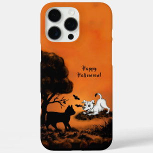 Funda iPhone 16 Pro Max Cachorro con gato negro y murciélago, ¡Feliz Hallo
