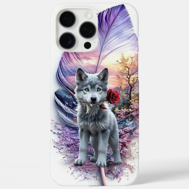 Funda iPhone 16 Pro Max Cachorro de Lobo y Pluma (Reverso )