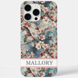 Funda iPhone 16 Pro Max Cherry Blossoms Teal Sakura Print Monogrammed