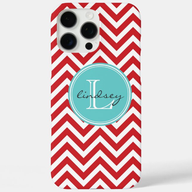Funda iPhone 16 Pro Max Chevron rojo y Aqua con monograma Personalizado (Reverso )