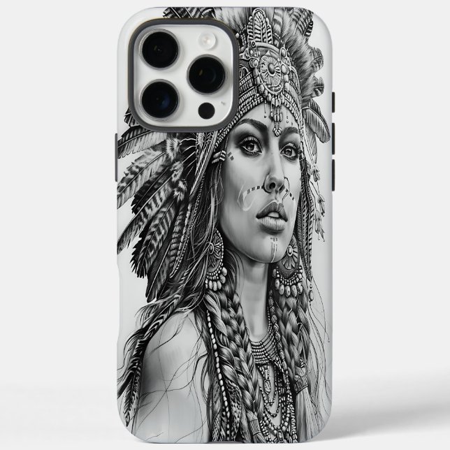 Funda iPhone 16 Pro Max Chica guerrero indio de Feathered (Reverso)