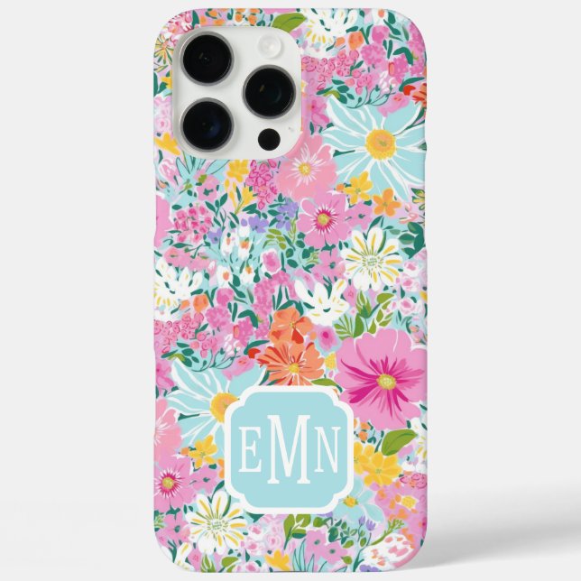 Funda iPhone 16 Pro Max Colorful Pink Garden Monogrammed (Reverso )