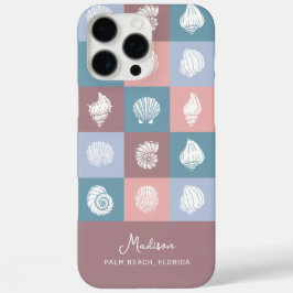 Funda iPhone 16 Pro Max Conchas de mar con patrón de nombre y ubicación pe