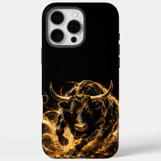 Funda iPhone 16 Pro Max Coque de Téléphone Taureau de Feu Noir&Or Mystique