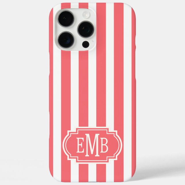 Funda iPhone 16 Pro Max Coral and White Monogrammed Stripes (Reverso )