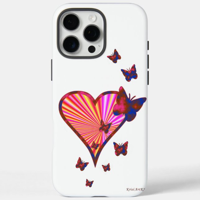 Funda iPhone 16 Pro Max Corazón arcoiris y mariposa (Reverso)