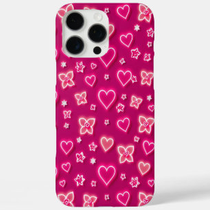 Funda iPhone 16 Pro Max Corazones y Flores Neón Rosa Vibrante Patrón Retro