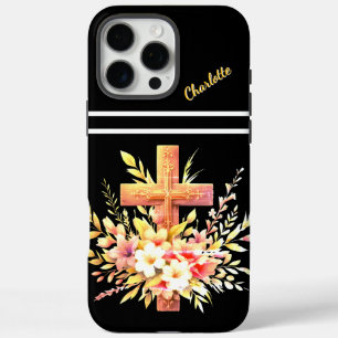 Funda iPhone 16 Pro Max Cruz cristiana adorada con vibrantes florecimiento