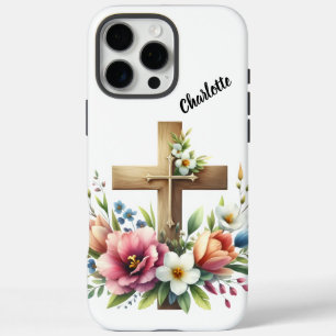 Funda iPhone 16 Pro Max Cruz cristiana con vibrante arreglo floral