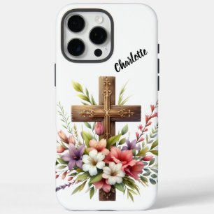 Funda iPhone 16 Pro Max Cruz Cristiana Rodeada de Hermoso Arte Floral