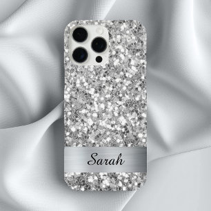 Funda iPhone 16 Pro Max Cuadrado de Purpurina Brillante de Plata con Cinta