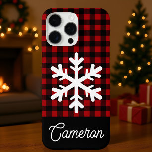 Funda iPhone 16 Pro Max Cuadro rojo y negro con copo de nieve y nombre per