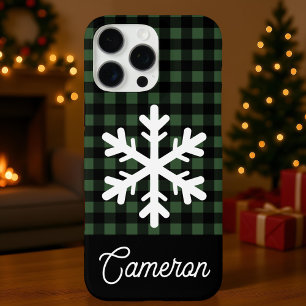 Funda iPhone 16 Pro Max Cuadro verde y negro con copo de nieve y nombre pe