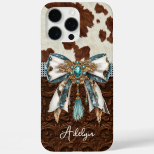 Funda iPhone 16 Pro Max Cuero de Vaca Marrón Cuero con Joyas y Lazo