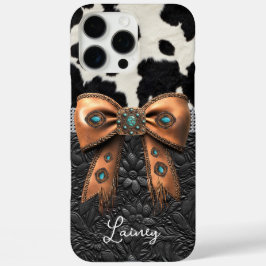 Funda iPhone 16 Pro Max Cuero de vaca negro y blanco con lazo con joyas