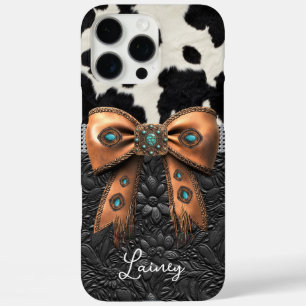 Funda iPhone 16 Pro Max Cuero de vaca negro y blanco con lazo con joyas